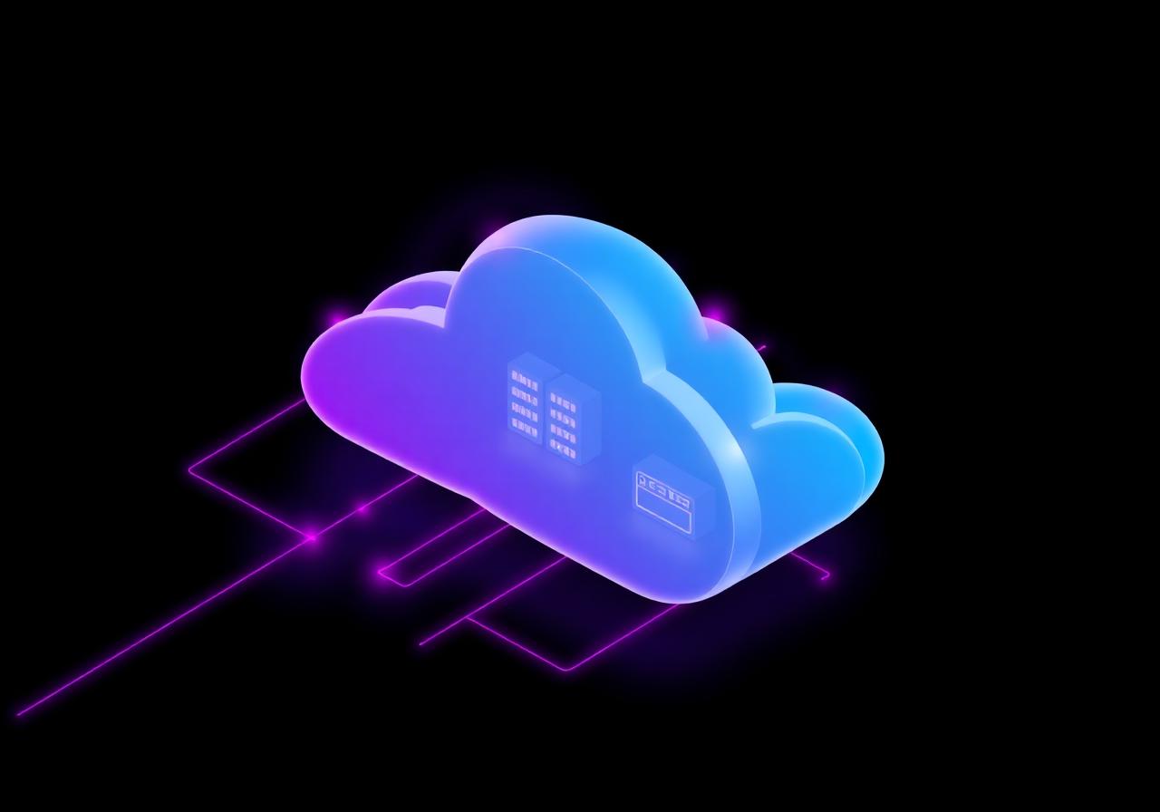 Isometric illustration of cloud infrastructure with data lines