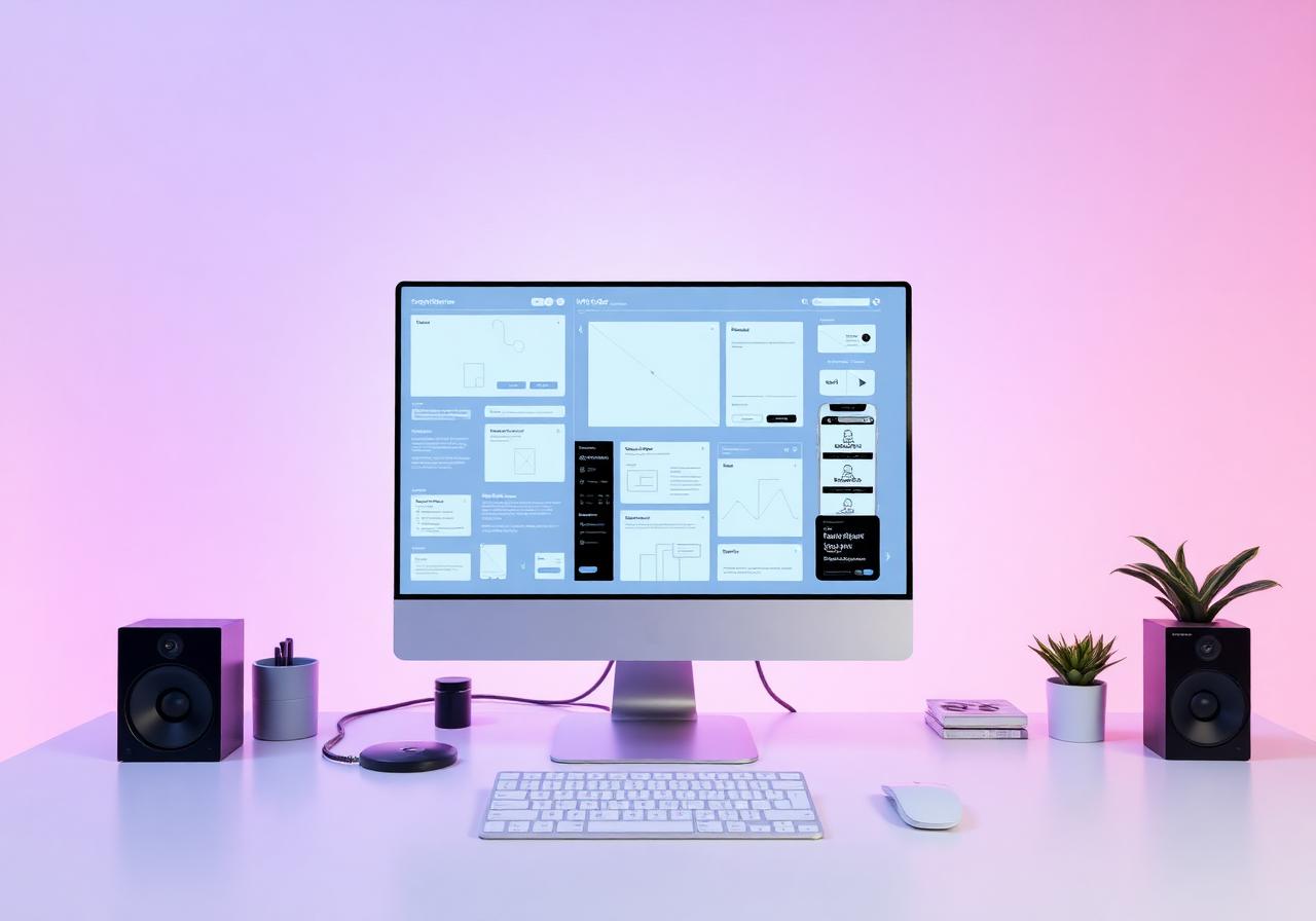Desktop displaying wireframes and mobile UI mockups